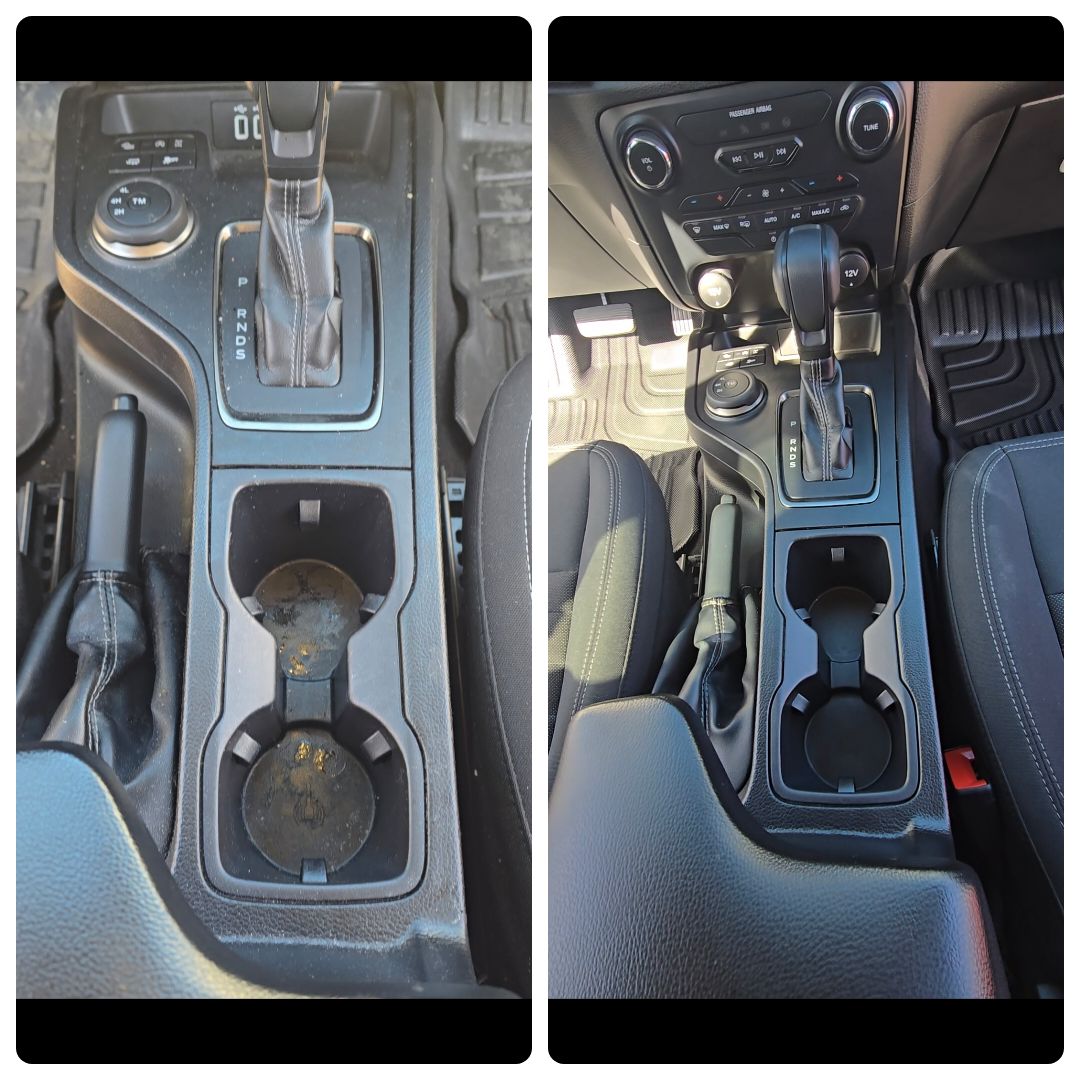 Before and after center console interior detail on a Ford SUV, mobile detailing in Northern Utah