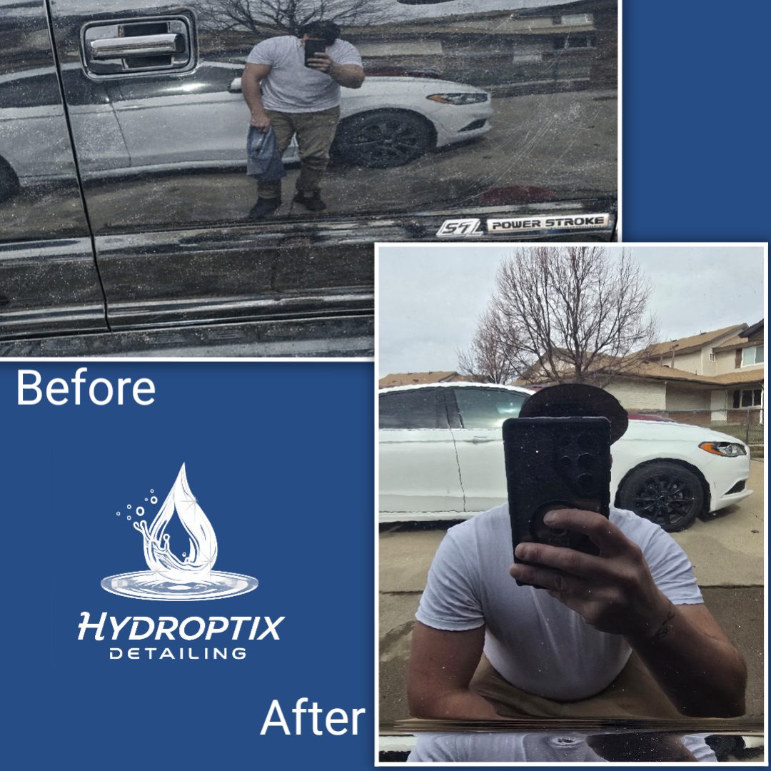 Before and after exterior detail on a black diesel truck